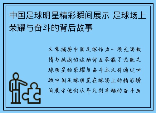 中国足球明星精彩瞬间展示 足球场上荣耀与奋斗的背后故事